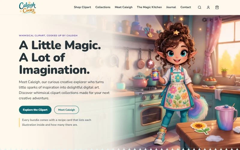 Screenshot of the Caleigh Cooks home page: the headline A Little Magic, A Lot of Imagination, shop buttons and Caleigh in her pastel kitchen