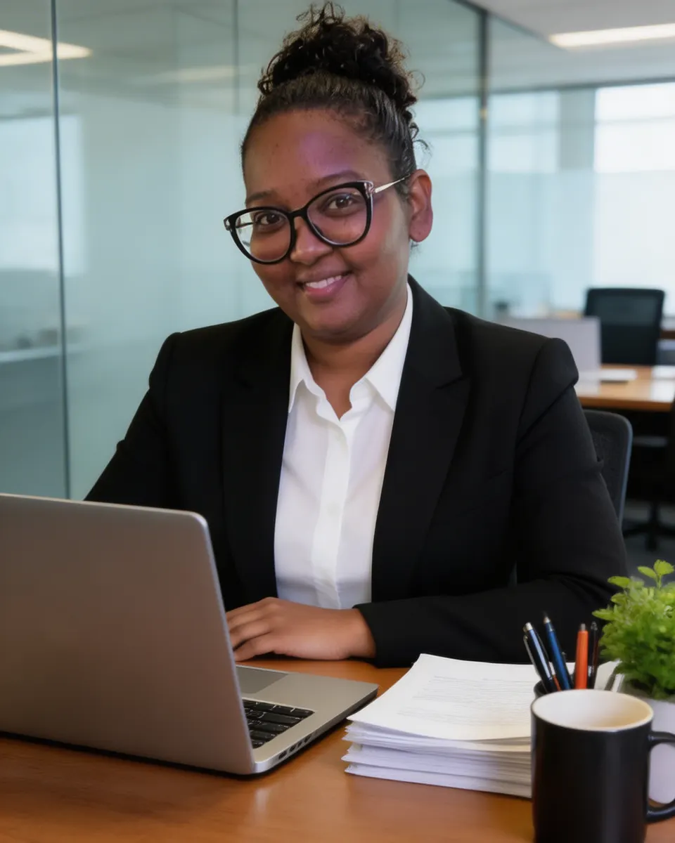 Gina Forde at her desk with a laptop, in a black blazer and glasses