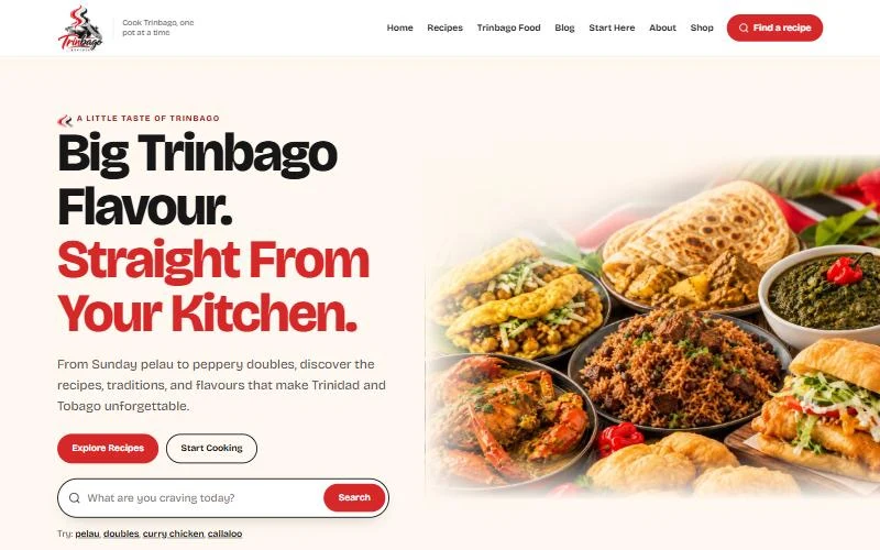 Screenshot of the Trinbago Recipes home page: the headline Big Trinbago Flavour, Straight From Your Kitchen, a recipe search and a spread of Trinidad and Tobago dishes
