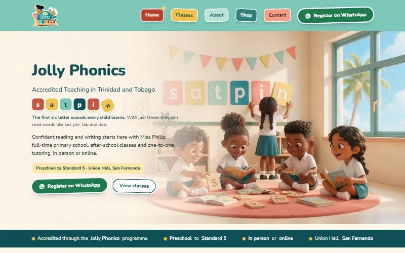 Screenshot of the We Love Phonics home page: the headline Jolly Phonics, a Register on WhatsApp button and children reading under the letters s, a, t, p, i, n